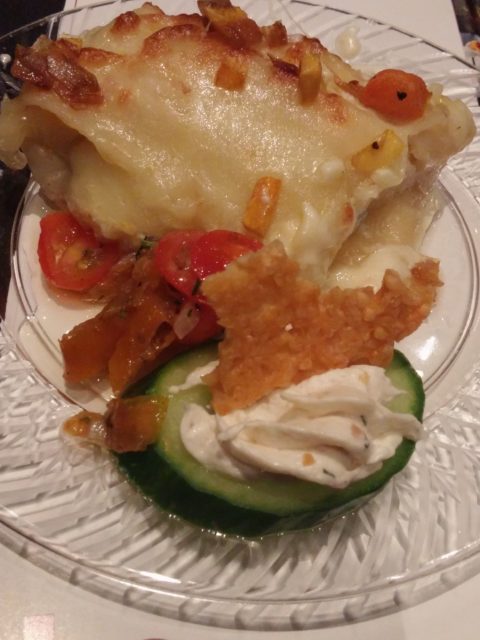 L. May Eatery Pumpkin Lasagna with Spicy Italian Sausage Chicken Breast and Smoked Trout Mousse with Crisp Cucumber